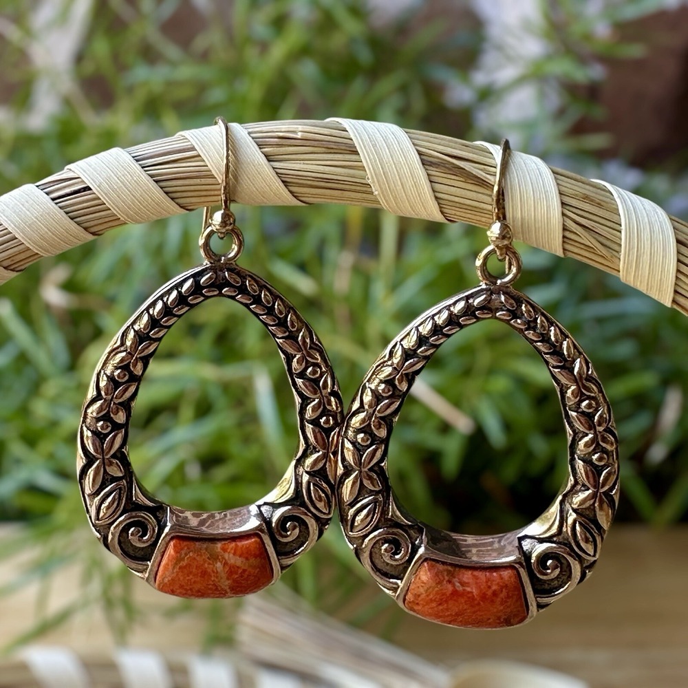 Vintage Barse Dangle Earrings 2 Inch Red Orange Spiny Oyster 925 Sterling 18.0g